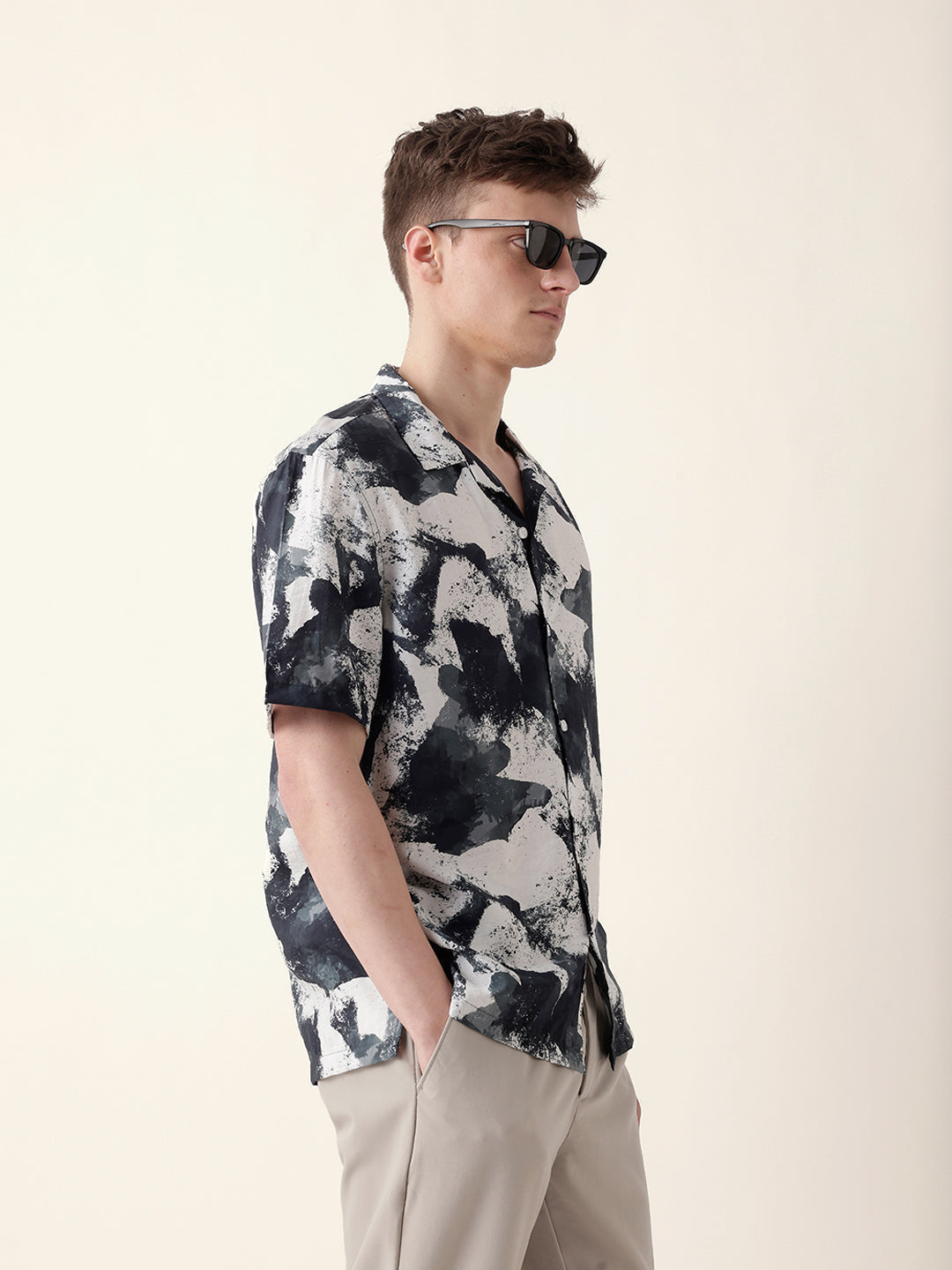 Black & Grey Bold Abstract Paint-Splash Printed Relaxed Fit Short Sleeve Shirt