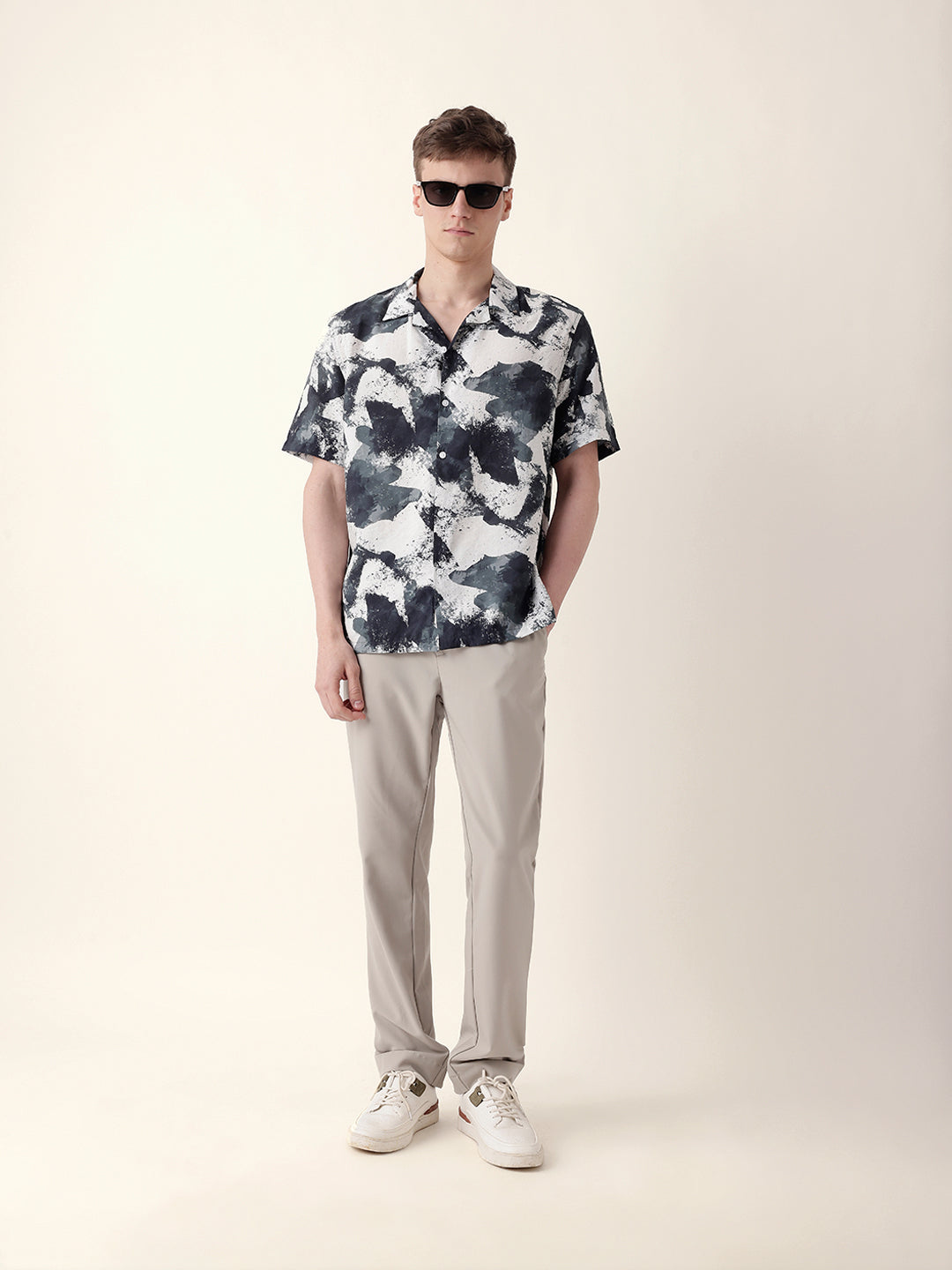Black & Grey Bold Abstract Paint-Splash Printed Relaxed Fit Short Sleeve Shirt