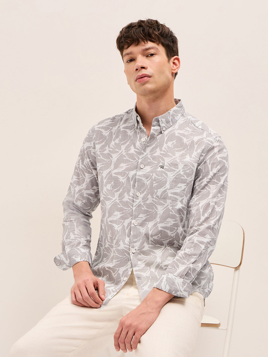Beige Slim Fit Casual Shirt with All-Over Leaf Motif Print
