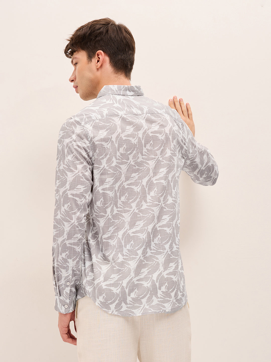 Beige Slim Fit Casual Shirt with All-Over Leaf Motif Print
