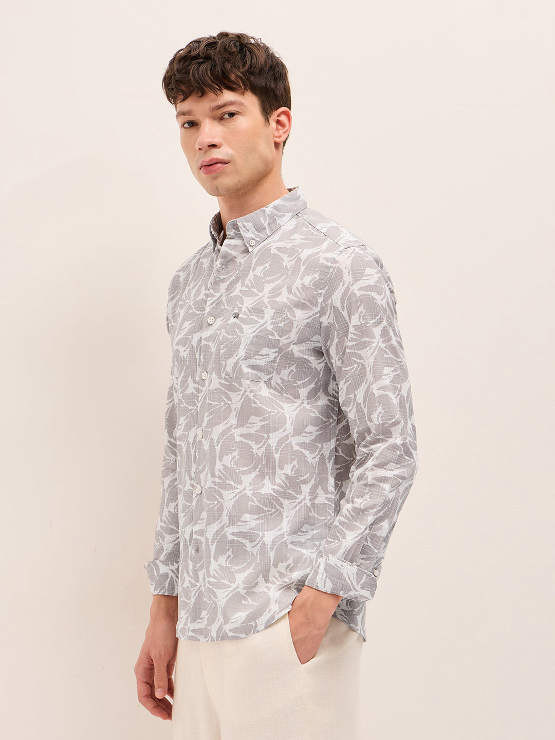 Beige Slim Fit Casual Shirt with All-Over Leaf Motif Print