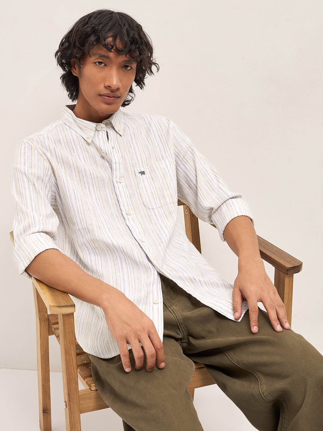 Beige Vertical Stripes Slim Fit Casual Shirt