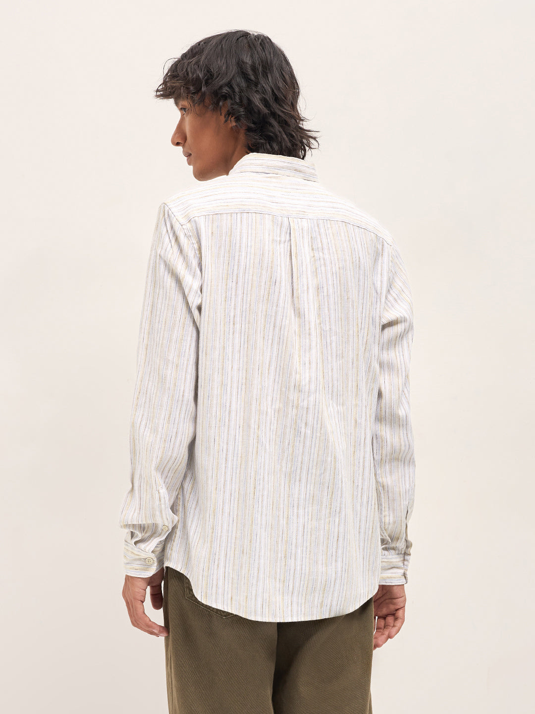 Beige Vertical Stripes Slim Fit Casual Shirt