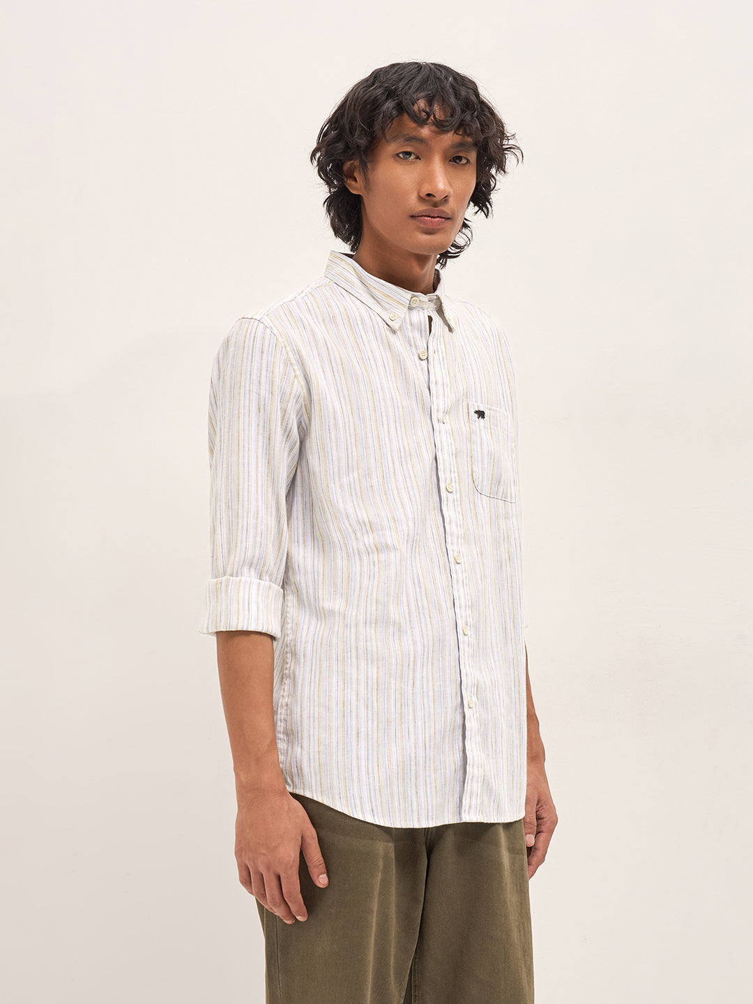Beige Vertical Stripes Slim Fit Casual Shirt