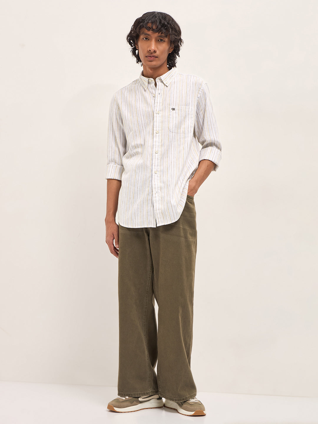 Beige Vertical Stripes Slim Fit Casual Shirt