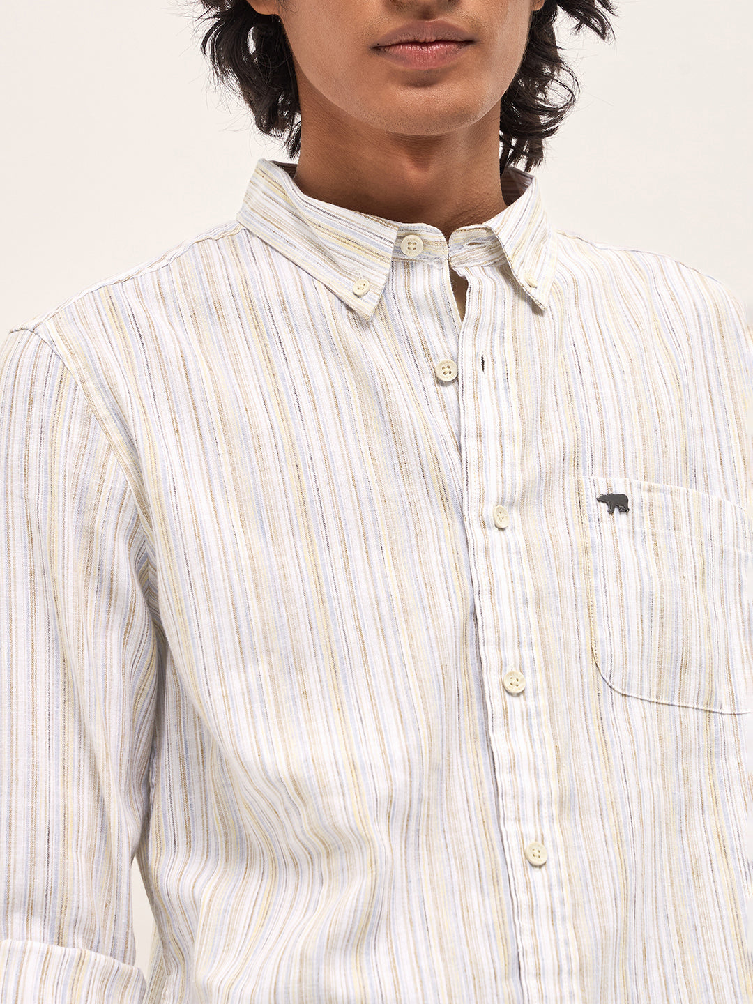 Beige Vertical Stripes Slim Fit Casual Shirt