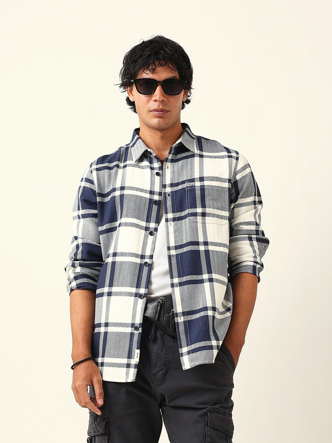 White & Blue Herringbone Flannel Checked Regular Fit Casual Shirt