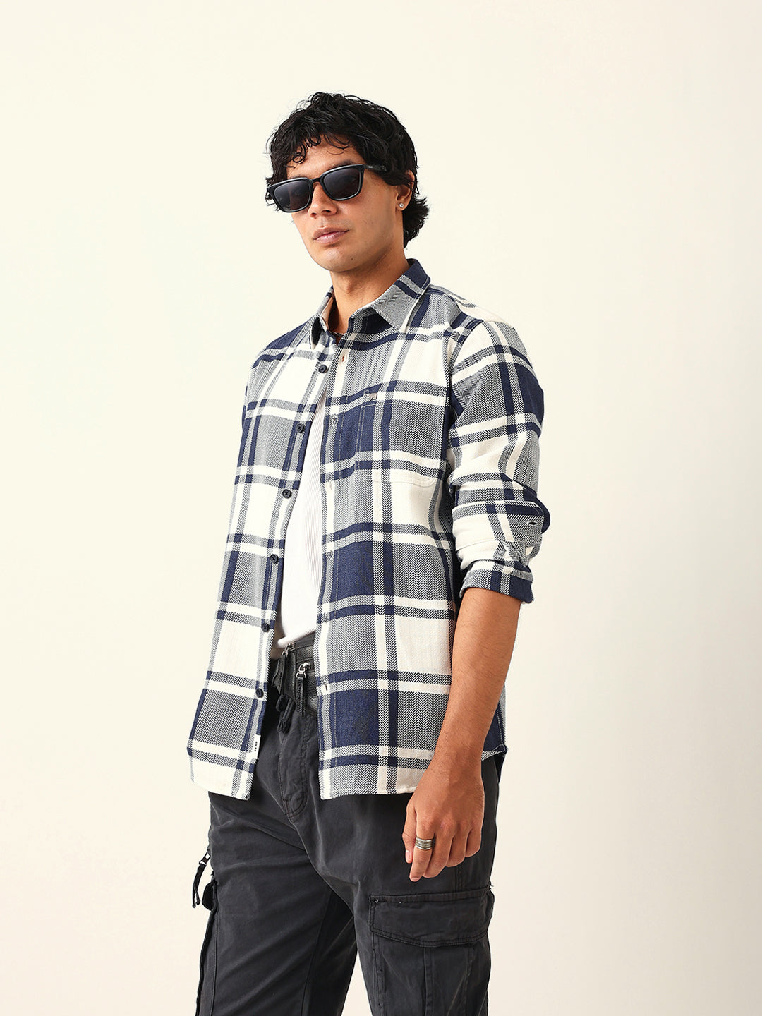 White & Blue Herringbone Flannel Checked Regular Fit Casual Shirt