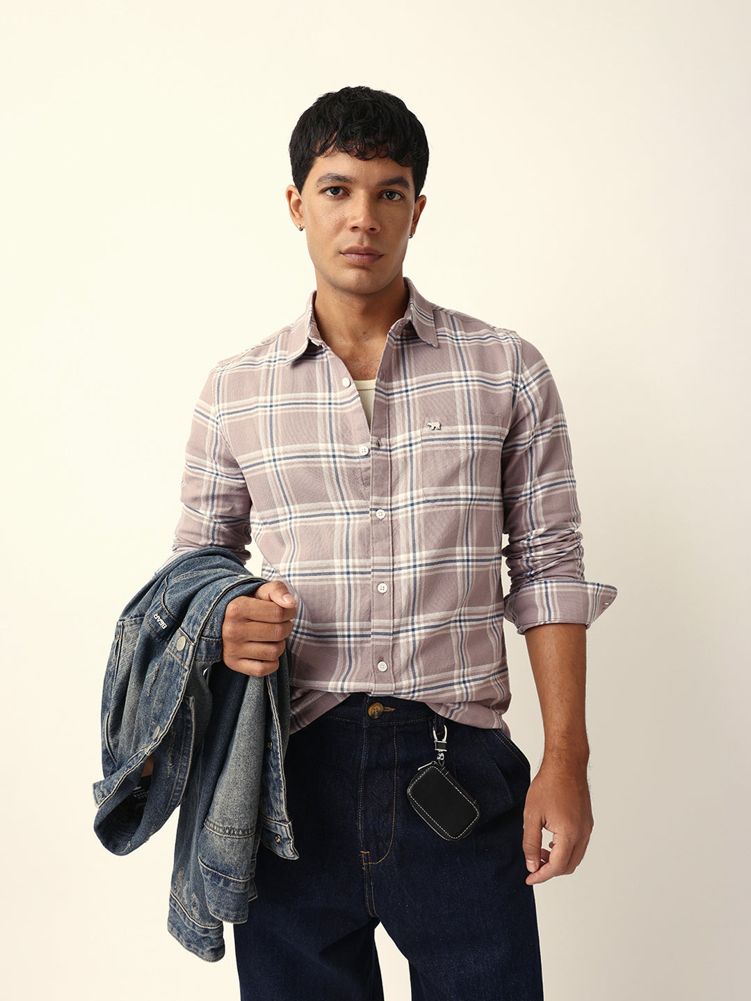Light Brown Woven Tartan Checked Slim Fit Casual Shirt