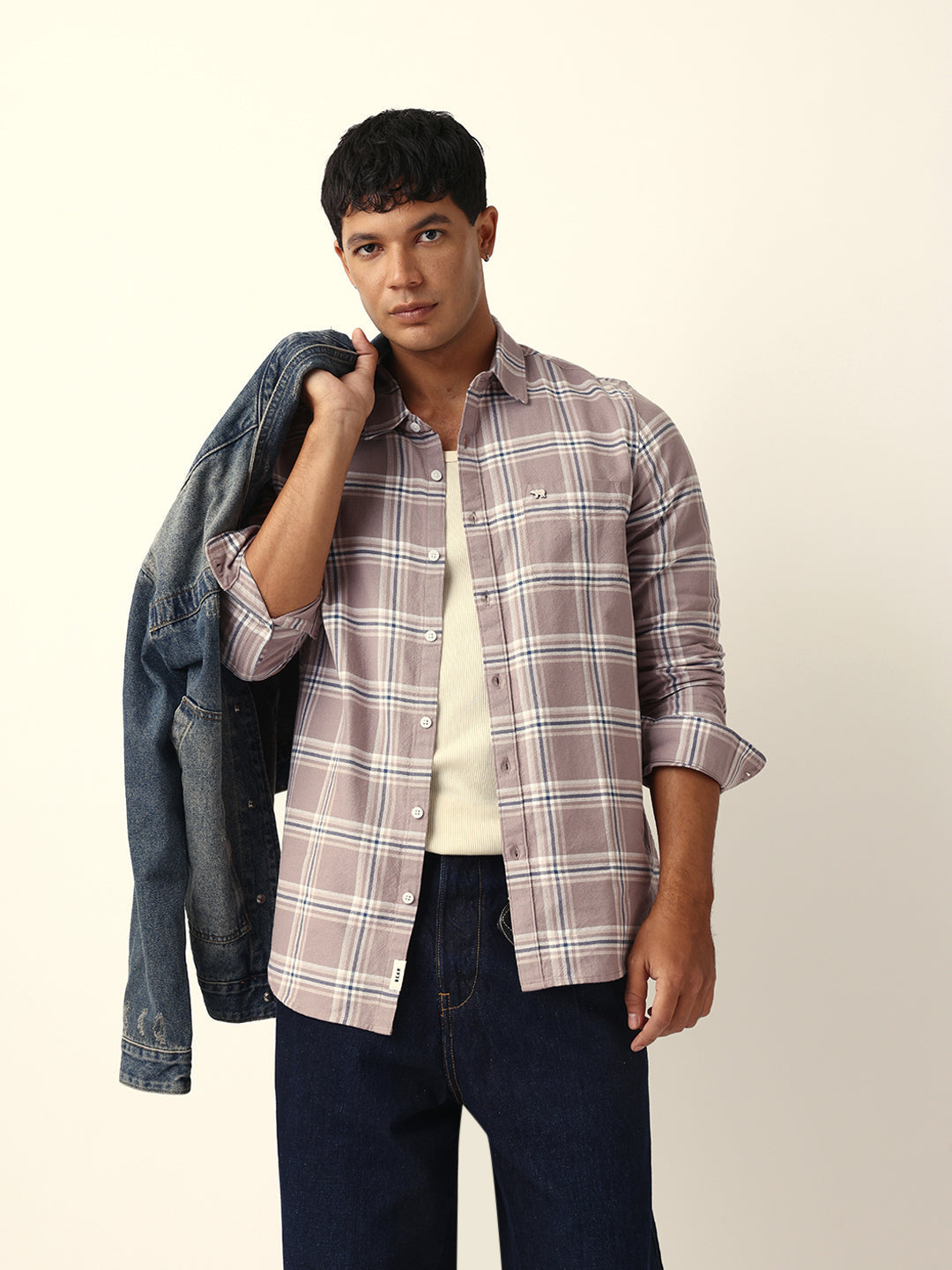 Light Brown Woven Tartan Checked Slim Fit Casual Shirt