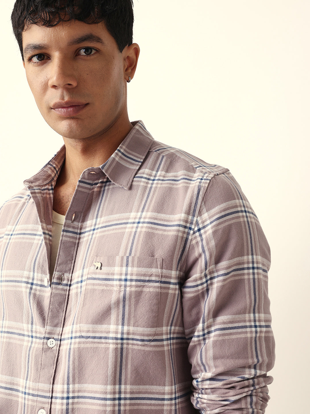 Light Brown Woven Tartan Checked Slim Fit Casual Shirt