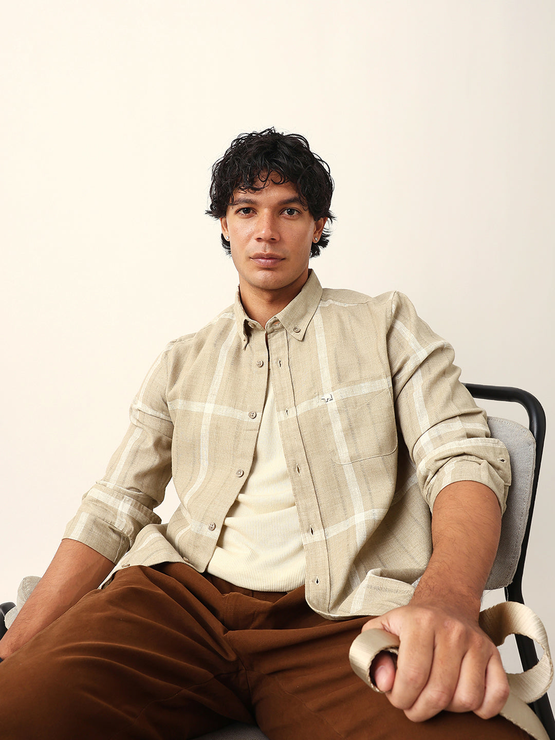 Beige & White Woven Checked Slim Fit Casual Shirt with Button-Down Collar