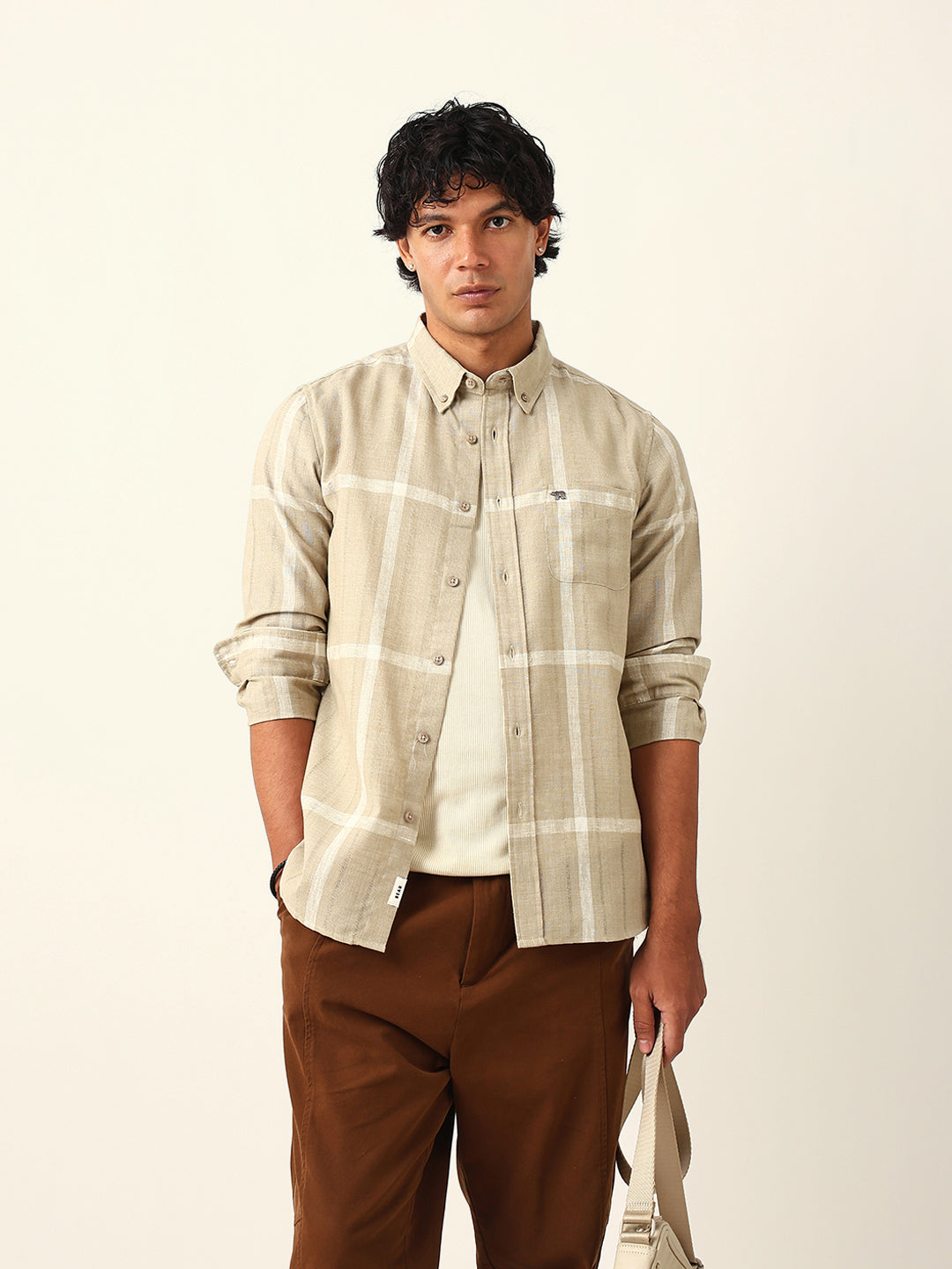 Beige & White Woven Checked Slim Fit Casual Shirt with Button-Down Collar