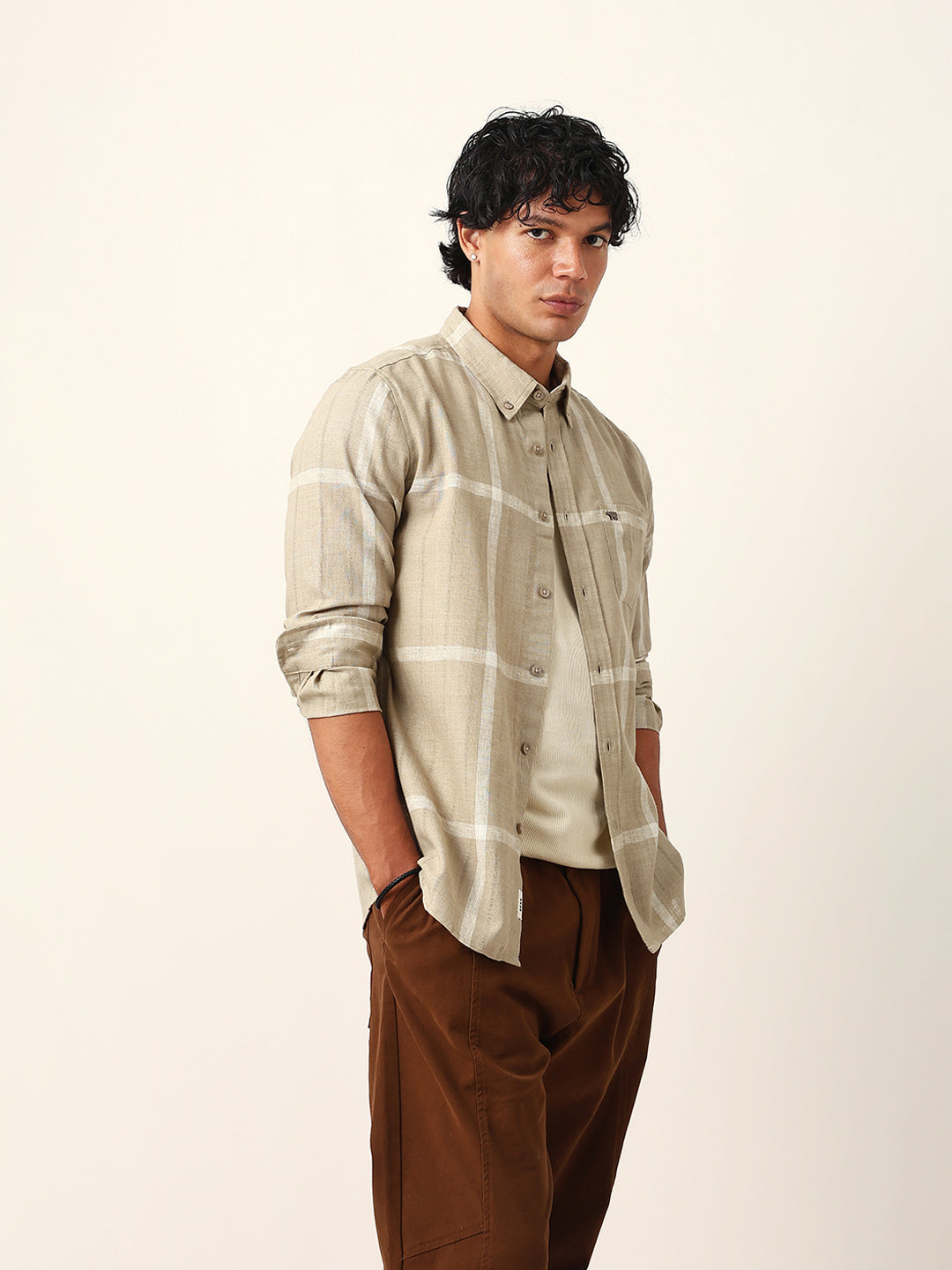 Beige & White Woven Checked Slim Fit Casual Shirt with Button-Down Collar