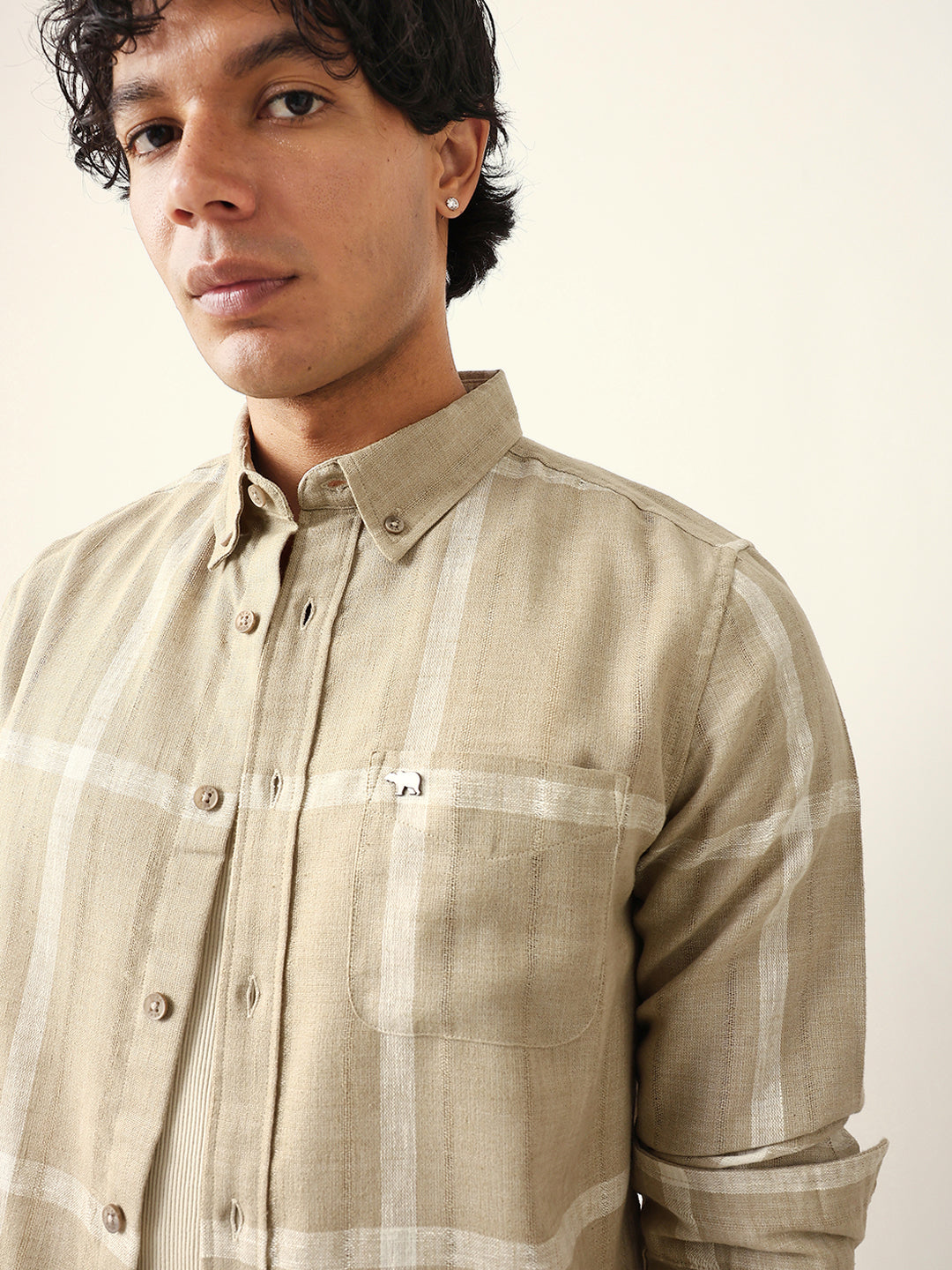 Beige & White Woven Checked Slim Fit Casual Shirt with Button-Down Collar