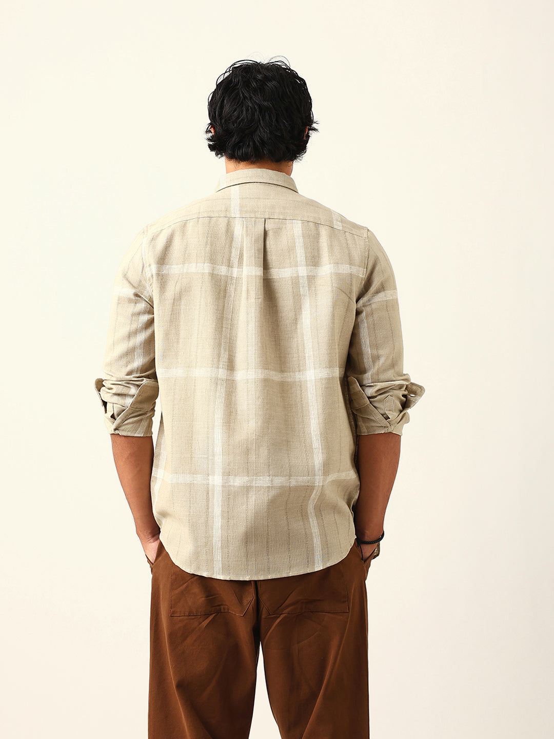 Beige & White Woven Checked Slim Fit Casual Shirt with Button-Down Collar