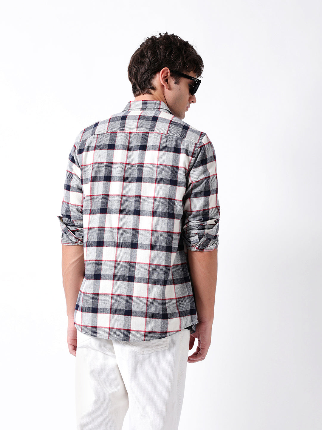 Blue & Cream Herringbone Check Slim Fit Casual Shirt