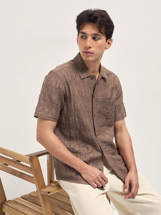 Brown Crinkle Textured Regular Fit Half-Sleeve Casual Shirt