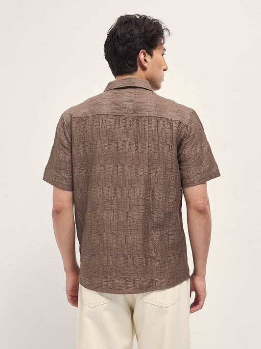 Brown Crinkle Textured Regular Fit Half-Sleeve Casual Shirt