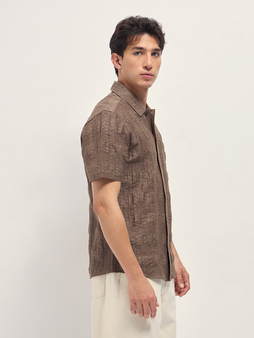Brown Crinkle Textured Regular Fit Half-Sleeve Casual Shirt