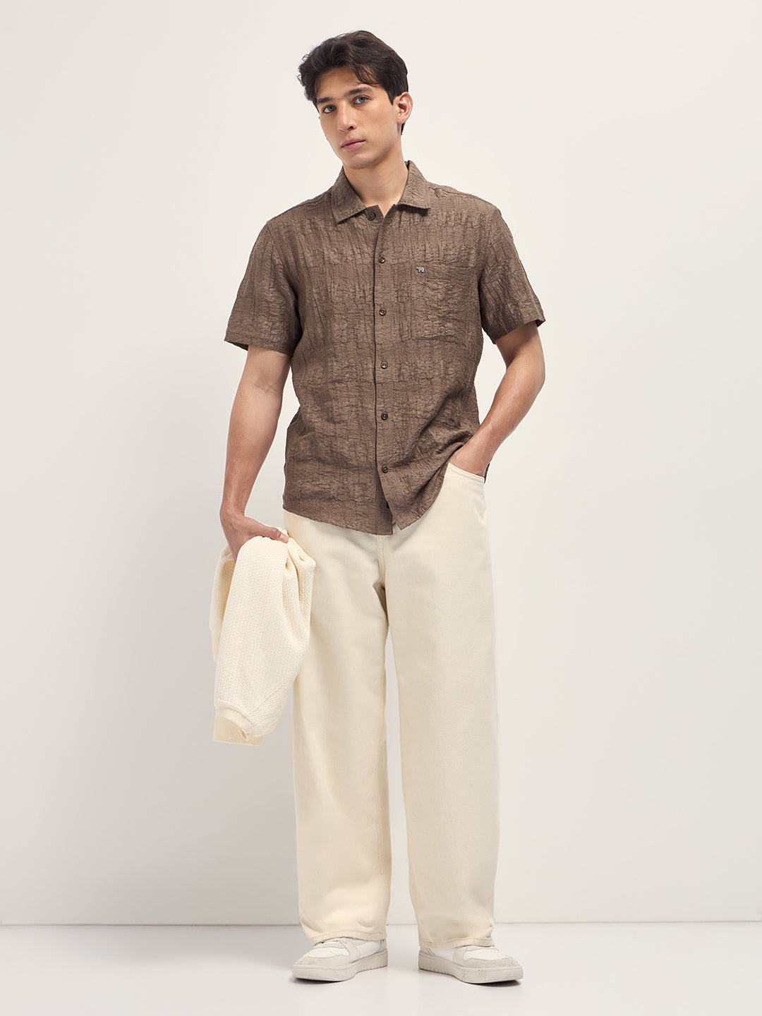 Brown Crinkle Textured Regular Fit Half-Sleeve Casual Shirt