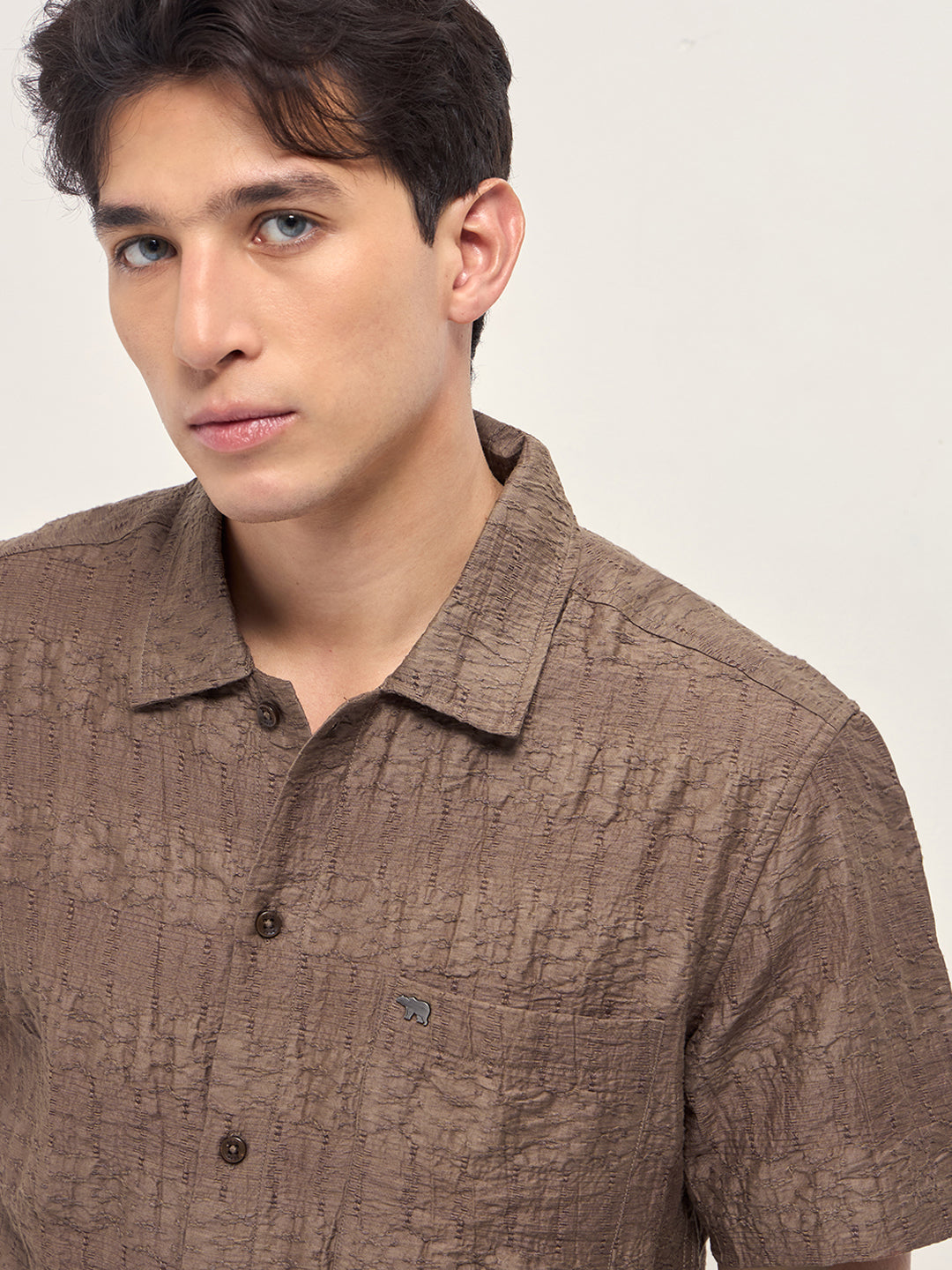 Brown Crinkle Textured Regular Fit Half-Sleeve Casual Shirt