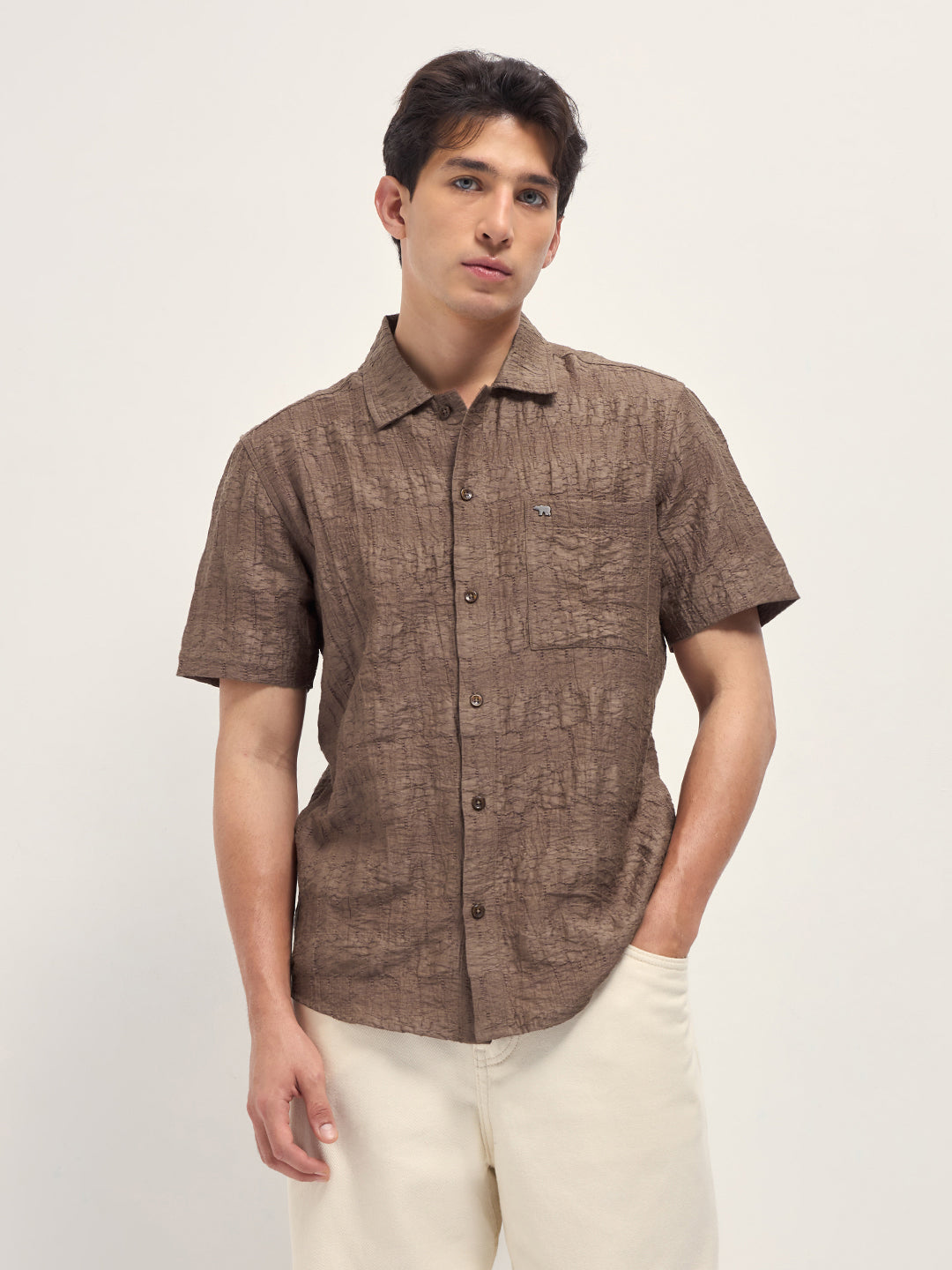 Brown Crinkle Textured Regular Fit Half-Sleeve Casual Shirt