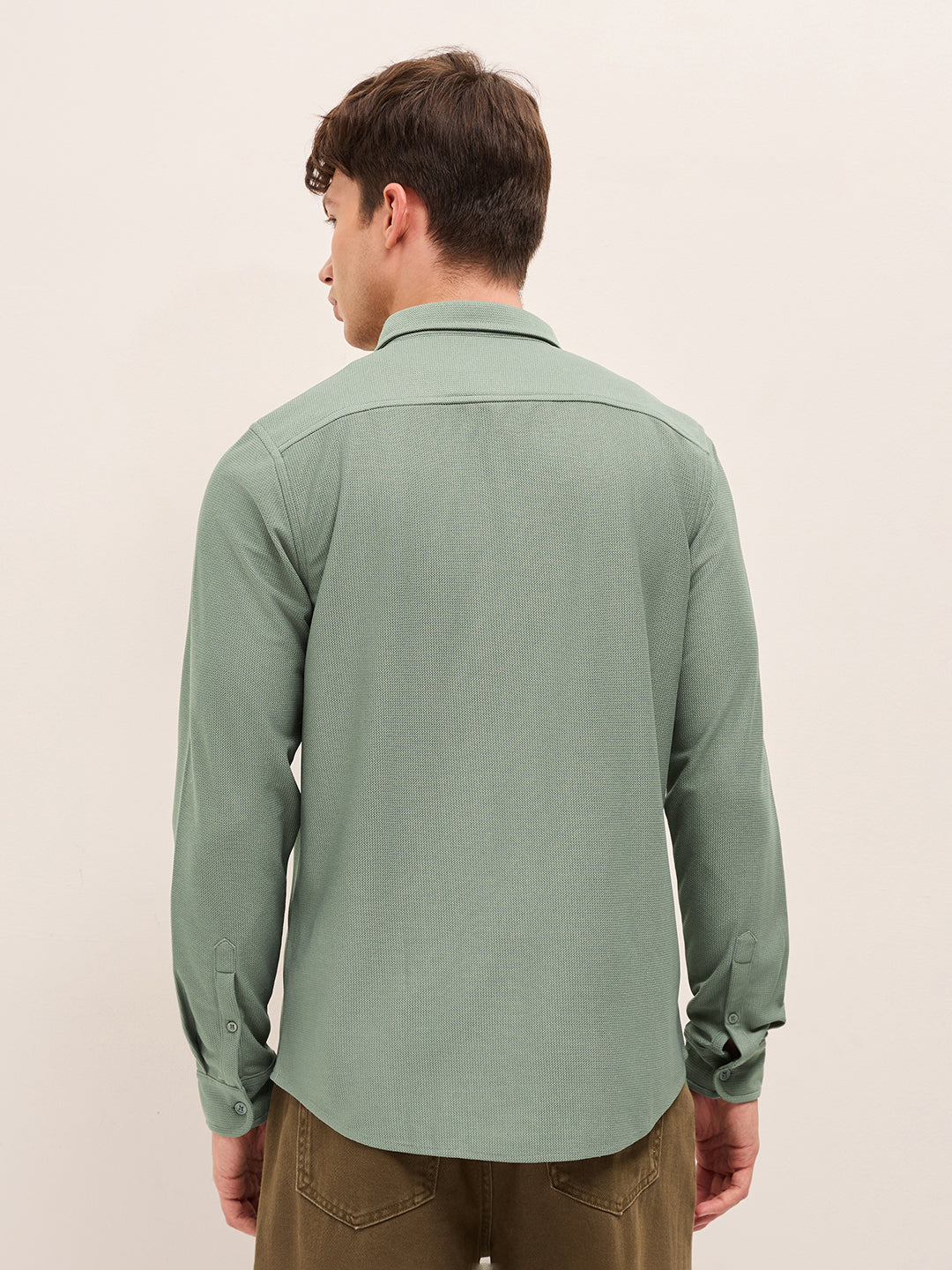 Green Woven Textured Regular Fit Casual Shirt