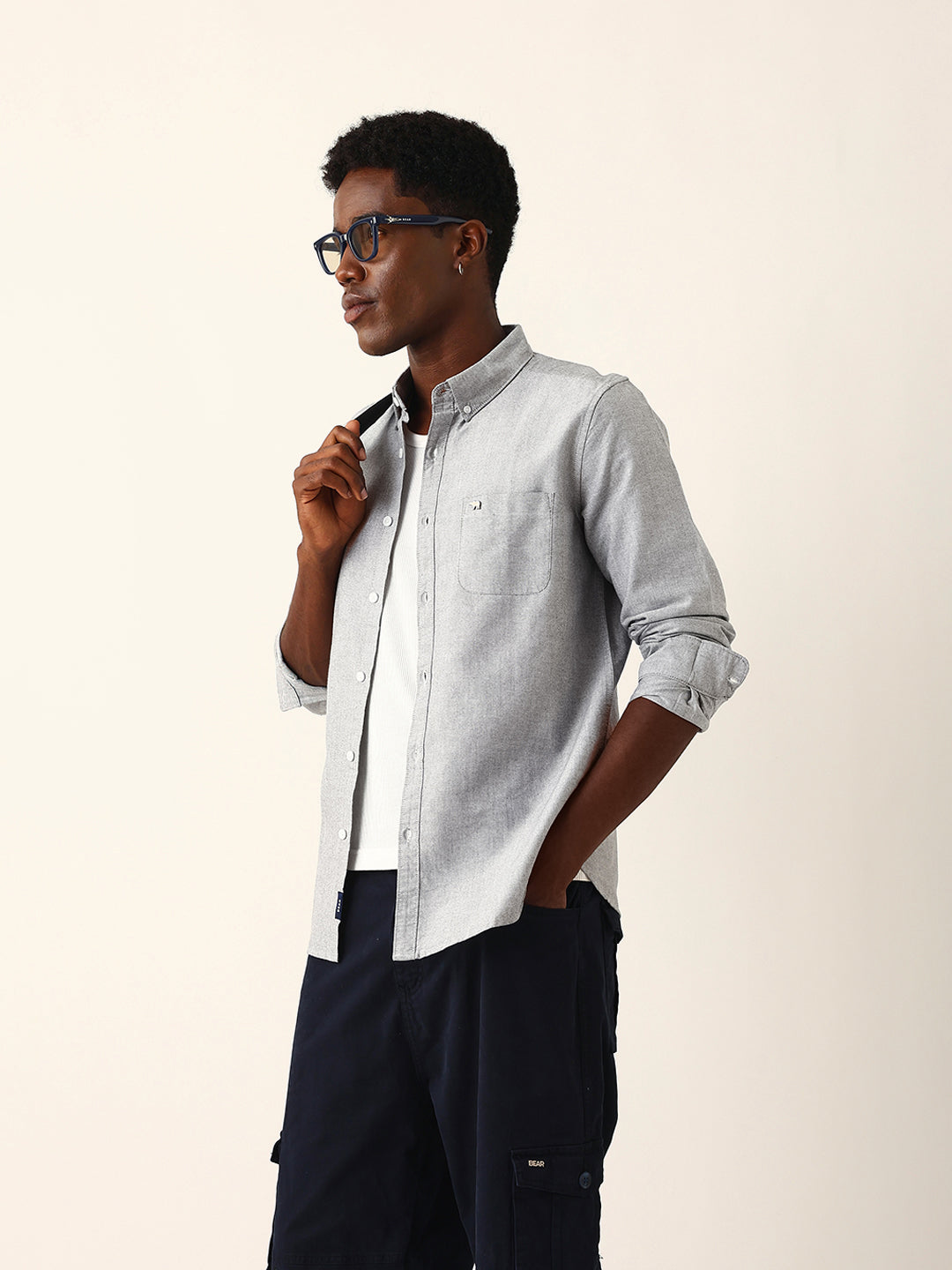 Light Grey Cotton Solid Slim Fit Casual Shirt