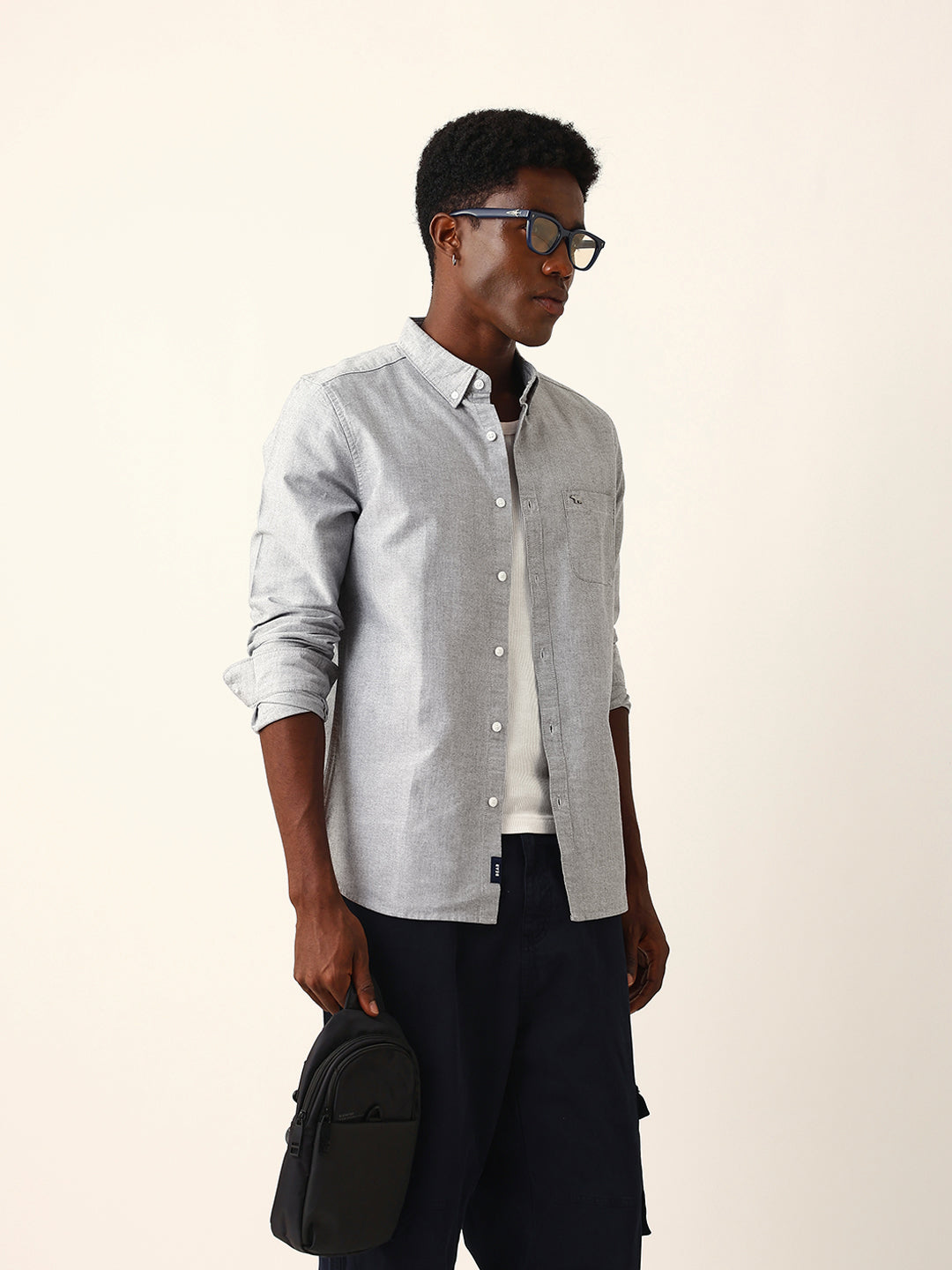 Light Grey Cotton Solid Slim Fit Casual Shirt