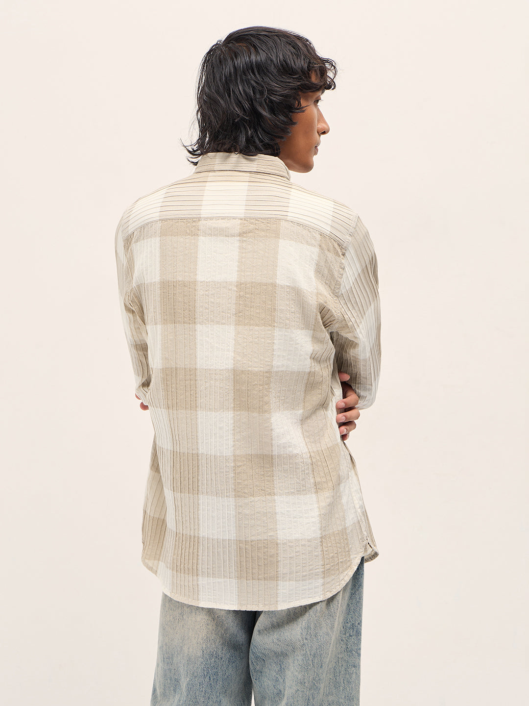 Beige Slim Fit Casual Shirt with Textured Stripe and Block Check Design