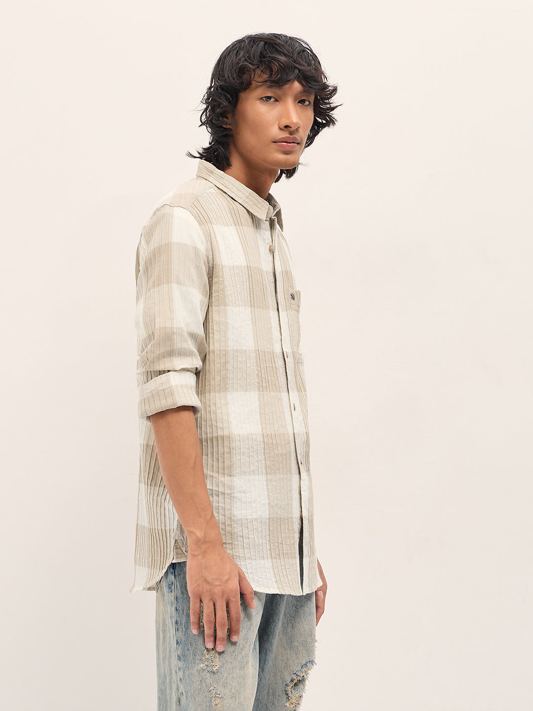 Beige Slim Fit Casual Shirt with Textured Stripe and Block Check Design