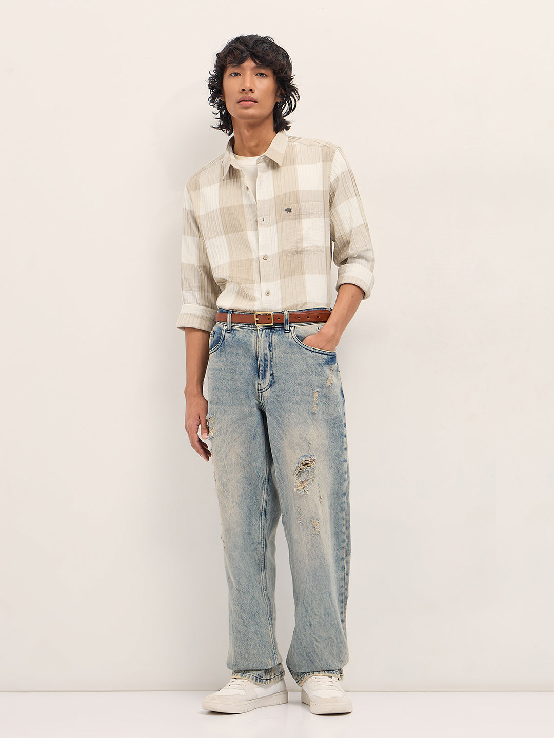 Beige Slim Fit Casual Shirt with Textured Stripe and Block Check Design