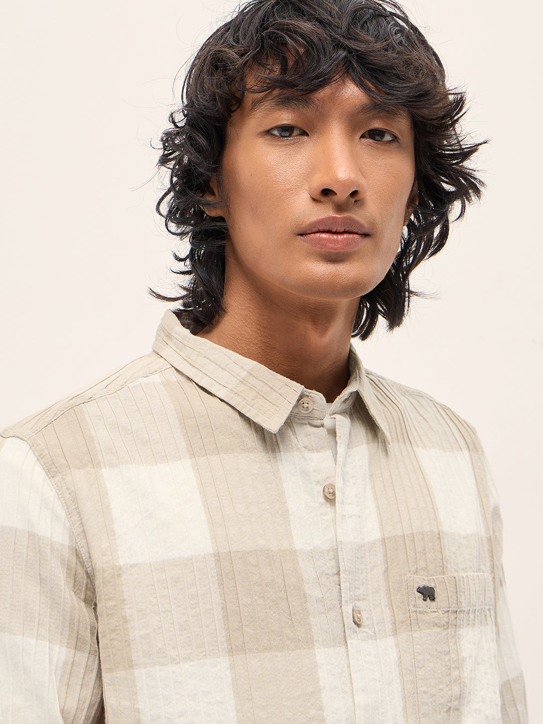 Beige Slim Fit Casual Shirt with Textured Stripe and Block Check Design