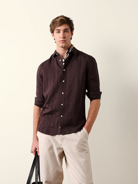 Brown Slim Fit Casual Shirt with Woven Semi-Transparent Vertical Stripes