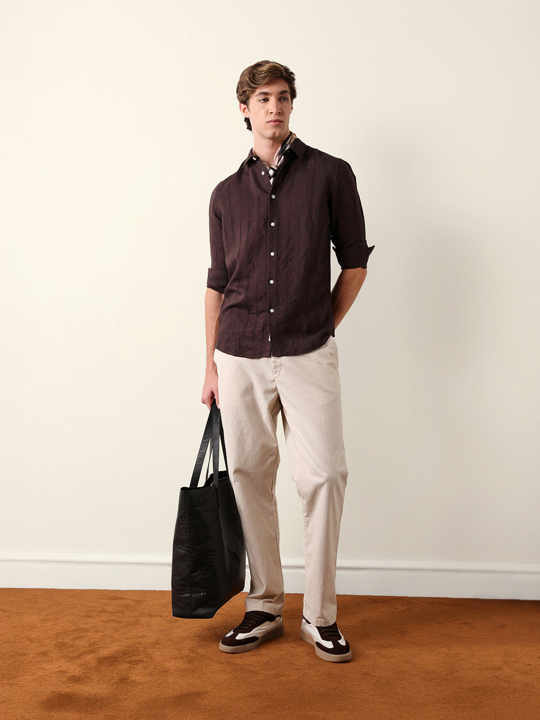Brown Slim Fit Casual Shirt with Woven Semi-Transparent Vertical Stripes