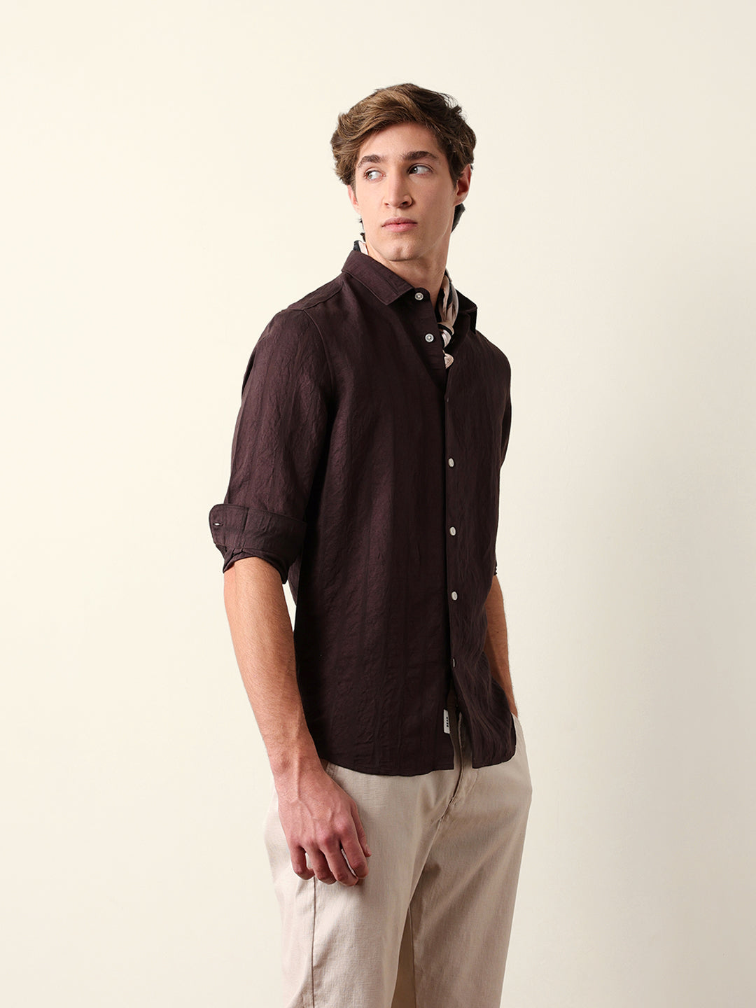 Brown Slim Fit Casual Shirt with Woven Semi-Transparent Vertical Stripes