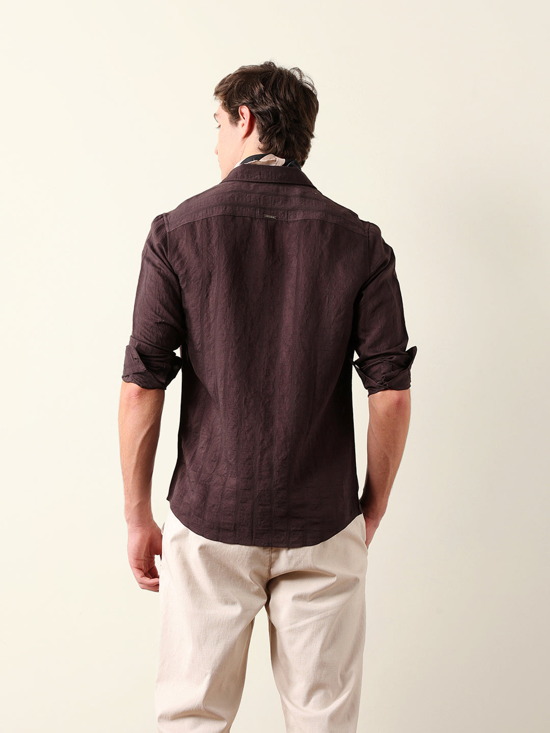 Brown Slim Fit Casual Shirt with Woven Semi-Transparent Vertical Stripes