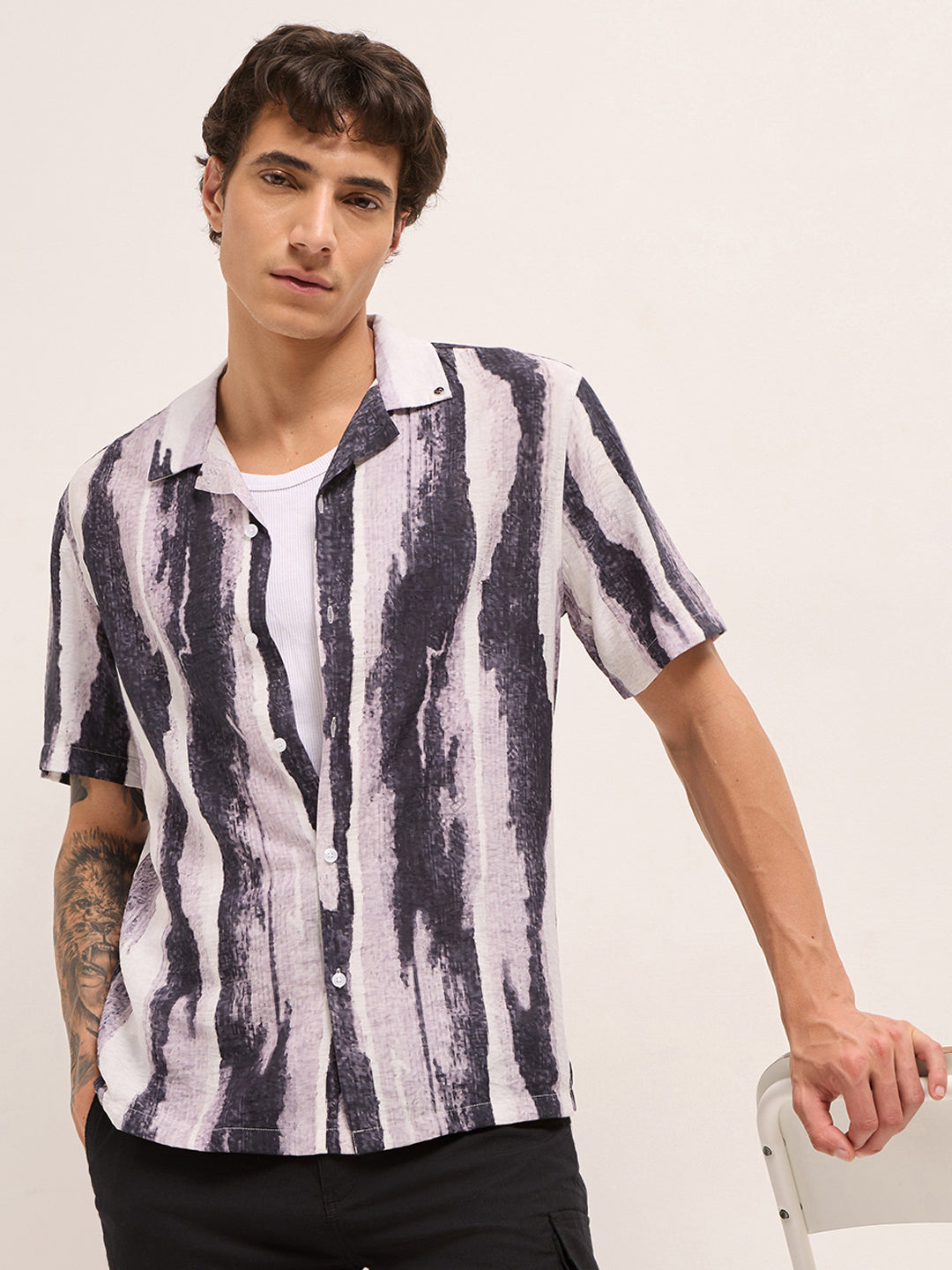Pink & Black Abstract Brushstroke Print Relaxed Fit Casual Shirt