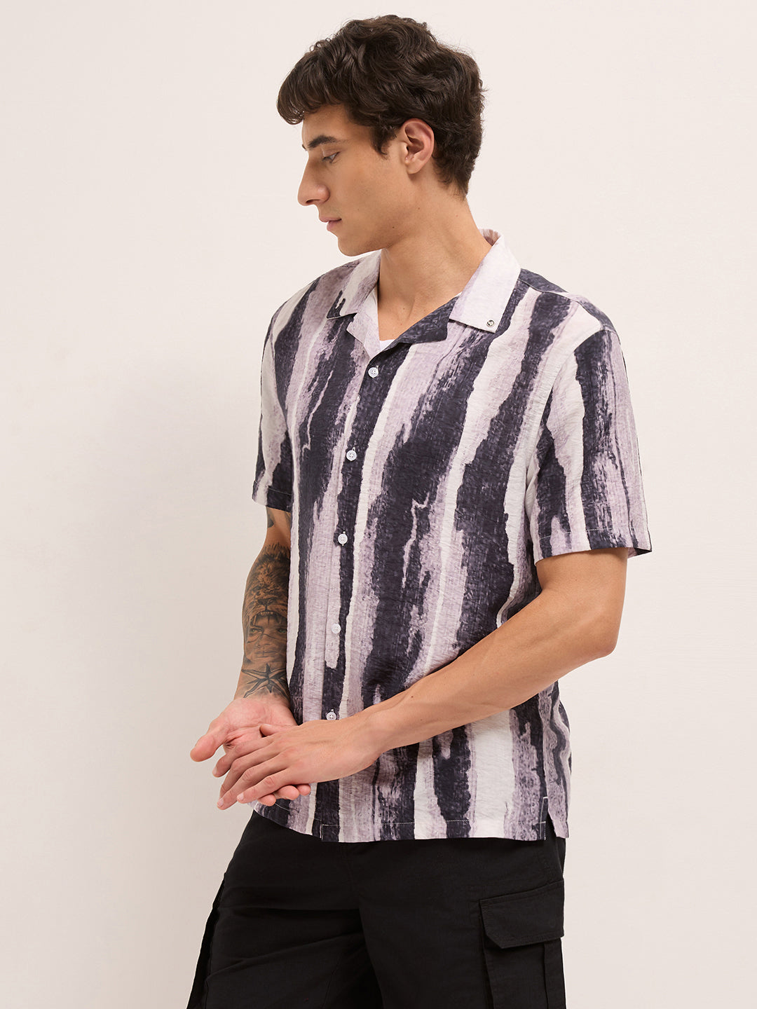 Pink & Black Abstract Brushstroke Print Relaxed Fit Casual Shirt