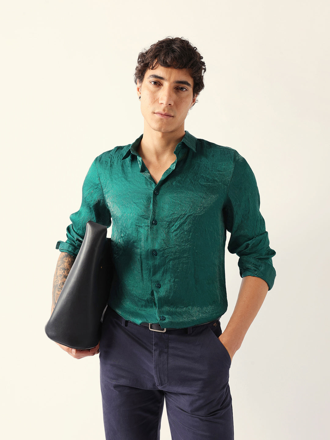 Green Regular Fit Casual Shirt with Crinkle Effect & Subtle Sheen Finish