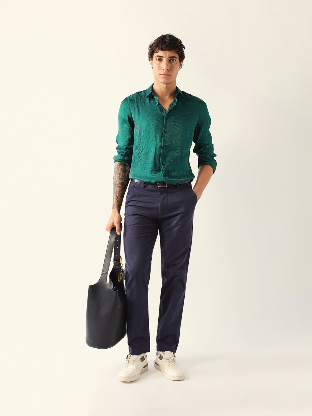 Green Regular Fit Casual Shirt with Crinkle Effect & Subtle Sheen Finish