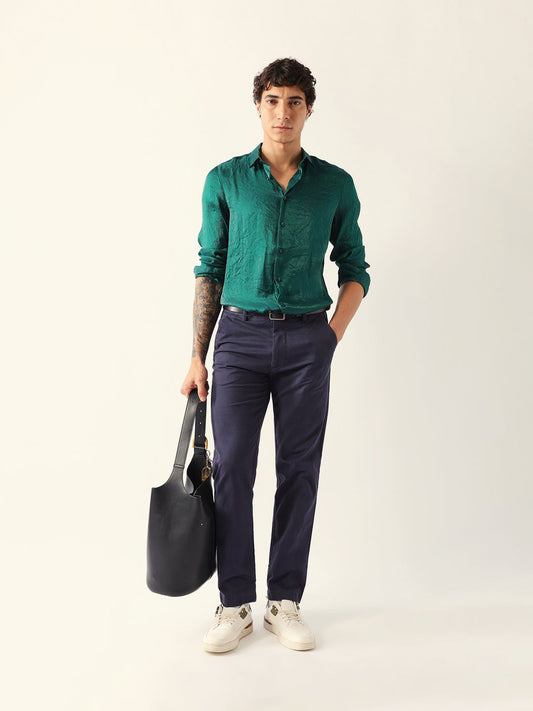 Green Regular Fit Casual Shirt with Crinkle Effect & Subtle Sheen Finish