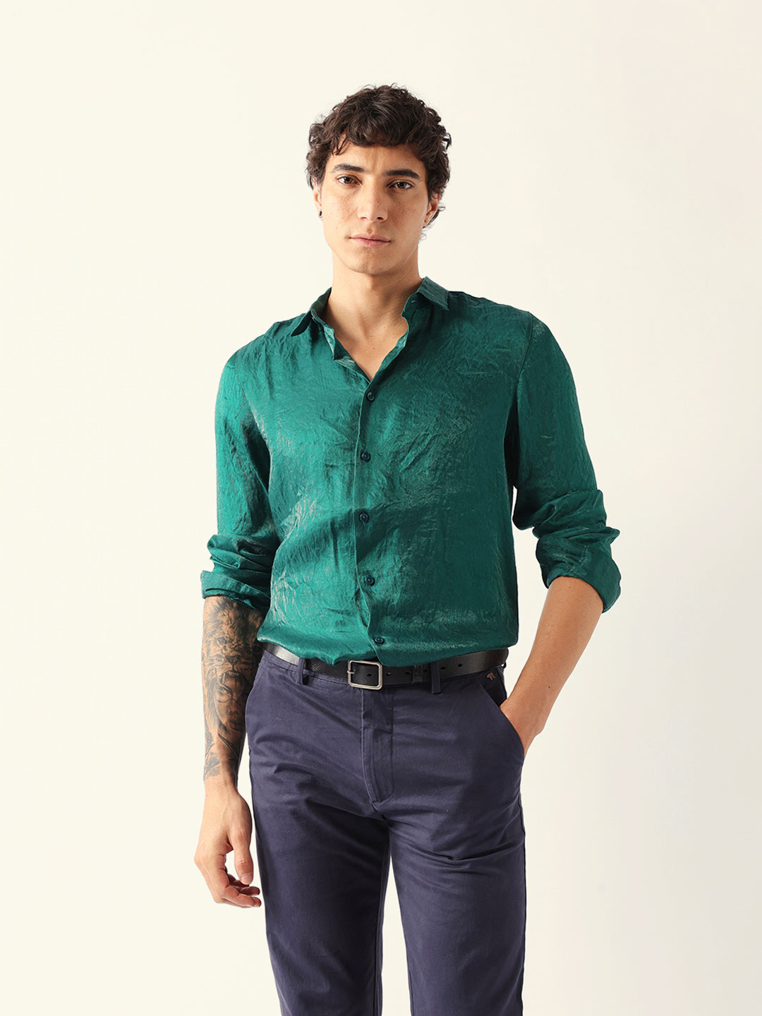 Green Regular Fit Casual Shirt with Crinkle Effect & Subtle Sheen Finish