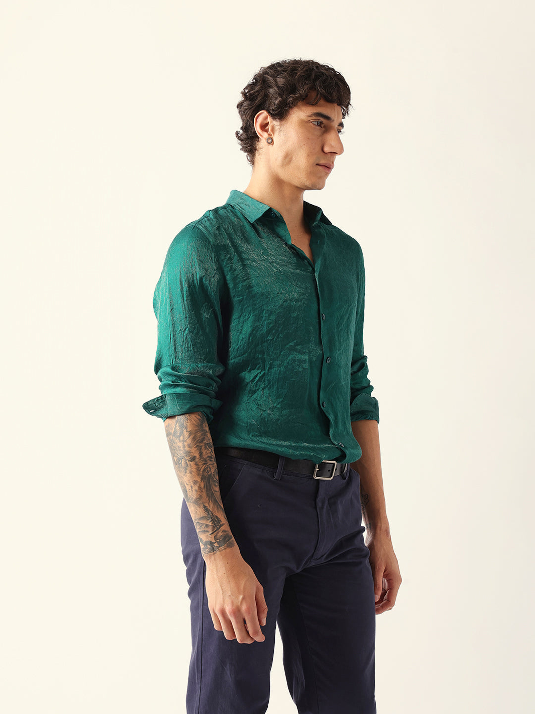 Green Regular Fit Casual Shirt with Crinkle Effect & Subtle Sheen Finish