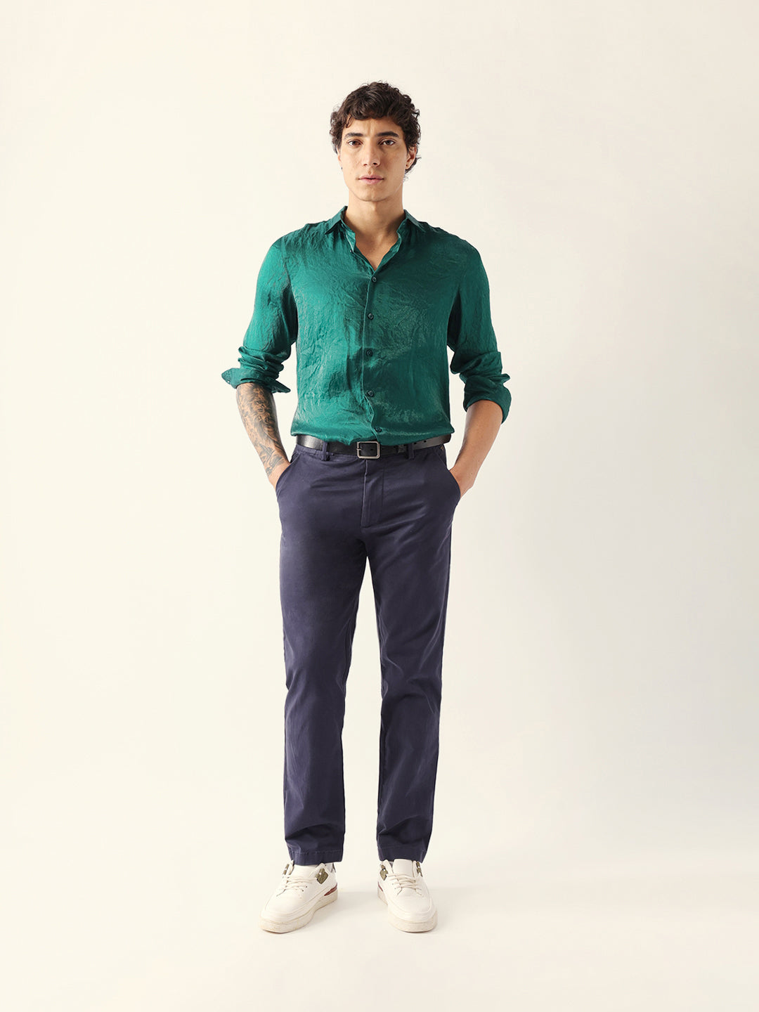 Green Regular Fit Casual Shirt with Crinkle Effect & Subtle Sheen Finish