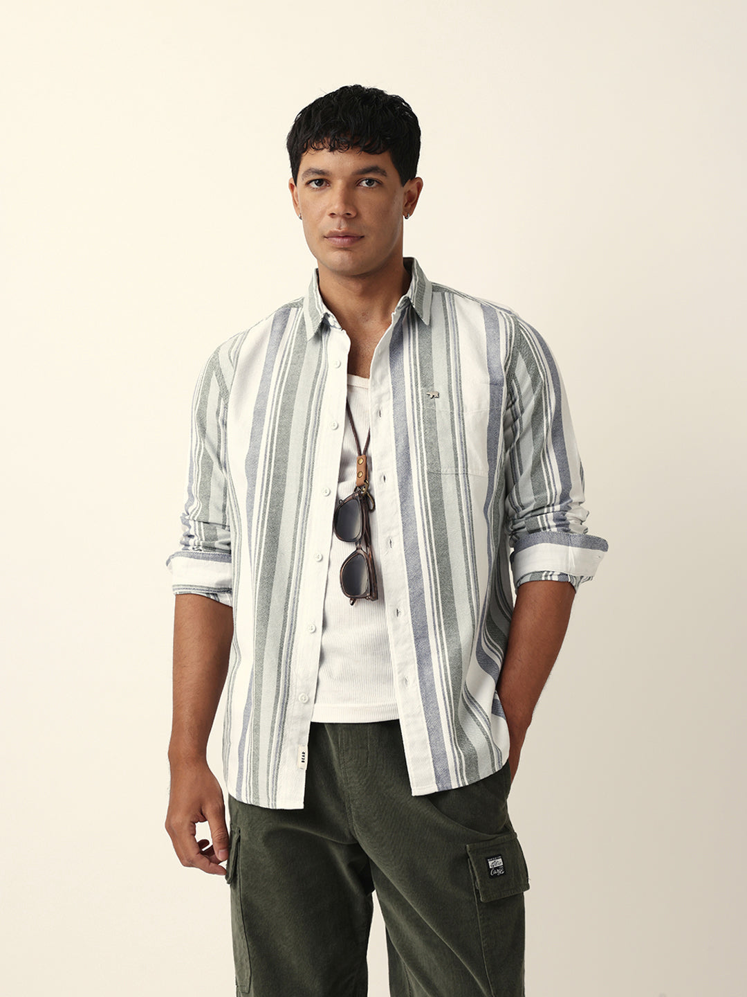 Multicolor Vertical Woven Stripe Slim Fit Casual Shirt