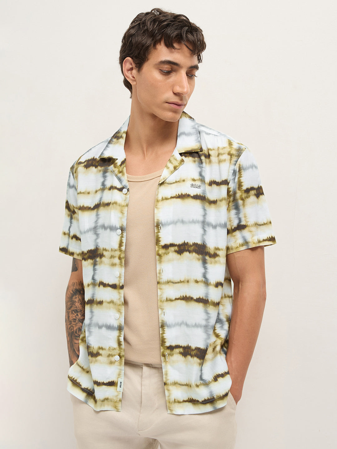 Multicolor Abstract Tie-Dye Print Relaxed Fit Cuban Collar Casual Shirt
