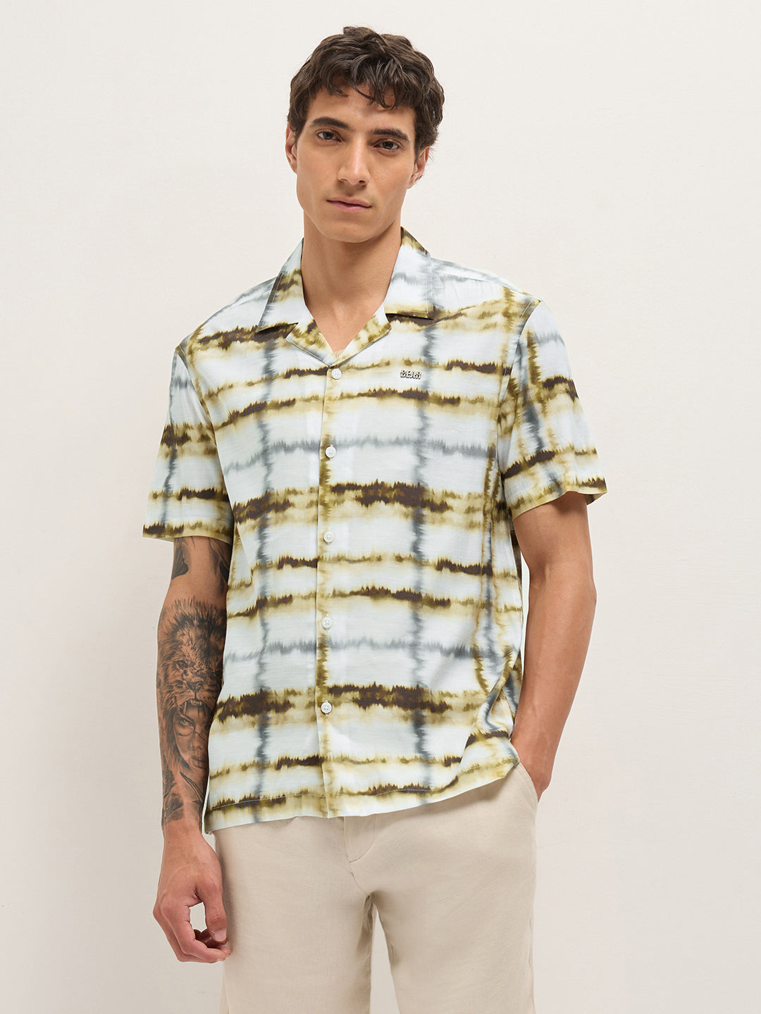Multicolor Abstract Tie-Dye Print Relaxed Fit Cuban Collar Casual Shirt