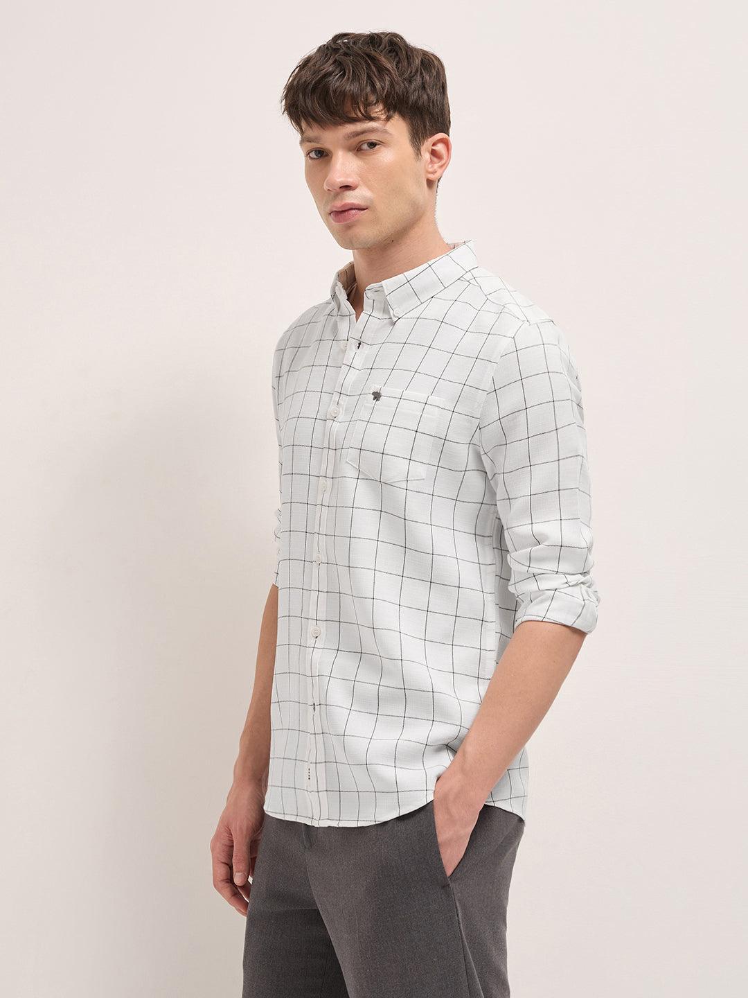 White Block Checks Slim Fit Casual Shirt